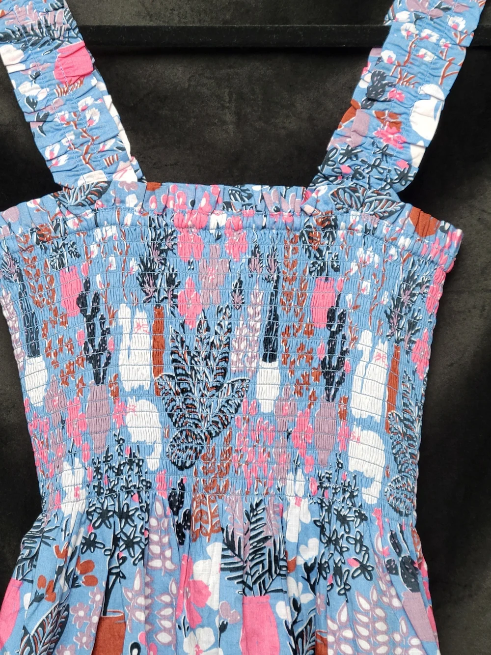 Kate Spade New York Cat Print Smocked Midi Dress Blue Floral Pockets Size XS